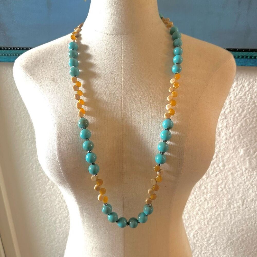 Blue and orange tan long beaded necklace